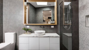 bathroom concept and remodel - cabinets and interior tile walls